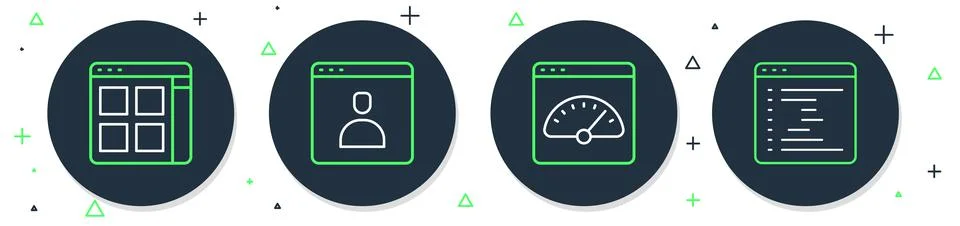 Set line Create account screen, Digital speed meter, Browser files and window Stock Illustration