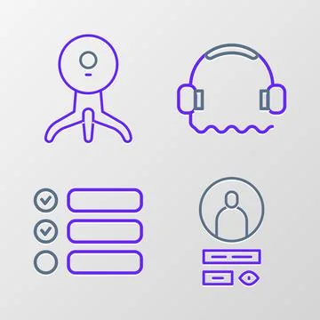 Set line Create account screen, Task list, Headphones and Web camera icon. Ve Illustrazione stock