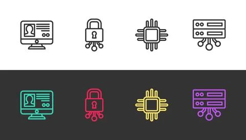 Set line Create account screen, Cyber security, Processor with microcircuits CPU Illustrazione stock