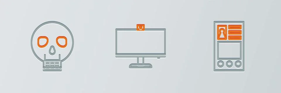Set line Create account screen, Skull and Computer monitor icon. Vector Stock Illustration