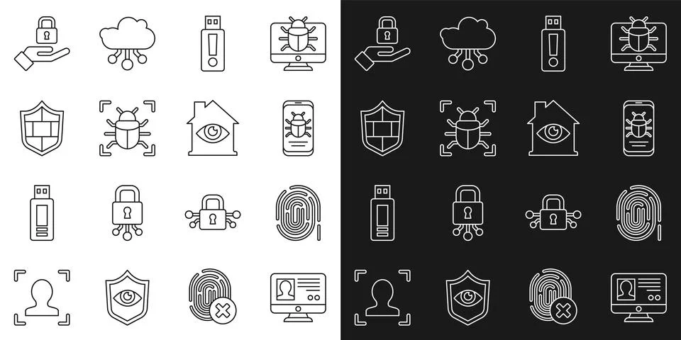 Set line Create account screen, Fingerprint, System bug on mobile, USB flash 스톡 일러스트