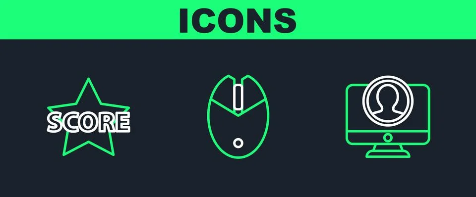 Set line Create account screen, Star and Computer mouse gaming icon. Vector Stock Illustration