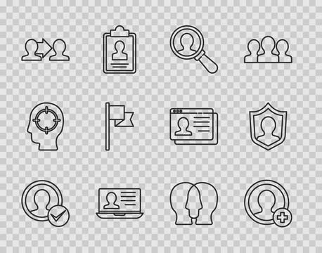 Set line Create account screen, Magnifying glass for search, Laptop with resume Stock Illustration