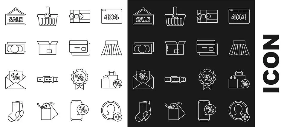 Set line Create account screen, Shoping bag with discount, Skirt, Gift box,.. Illustrazione stock