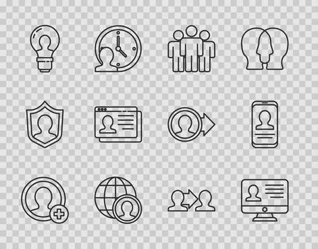 Set line Create account screen Monitor with resume Users group Globe and peop Stock Illustration
