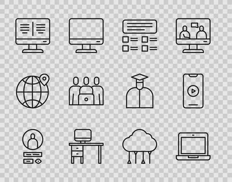 Set line Create account screen, Laptop, Online quiz, test, survey, Computer.. Stock Illustration