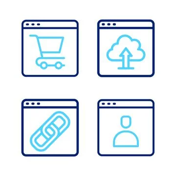 Set line Create account screen, Browser window, Cloud upload and Online sho.. Illustrazione stock