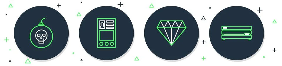 Set line Create account screen, Diamond, Bomb ready to explode and Video ga.. Illustrazione stock