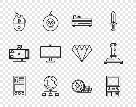 Set line Create account screen, Retro arcade game machine, Video console, C.. Illustrazione stock