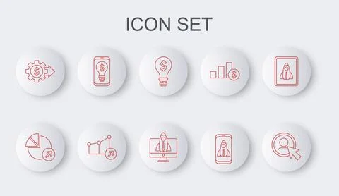 Set line Create account screen, Financial growth, Light bulb with dollar, S.. Illustrazione stock