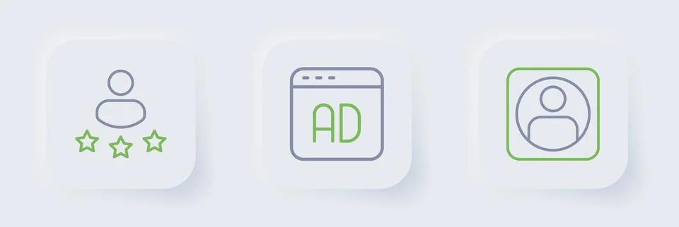 Set line Create account screen, Advertising and Consumer product rating ico.. Stock Illustration