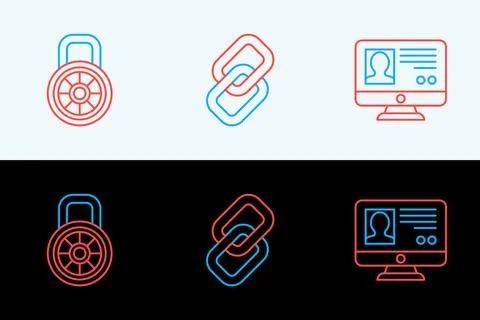 Set line Create account screen, Safe combination lock and Chain link icon. .. Stock Illustration