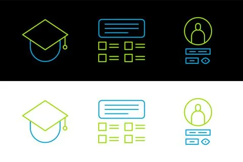 Set line Create account screen, Graduation cap on globe and Online quiz, te.. 스톡 일러스트