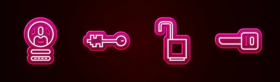 Set line Create account screen, Old key, Open padlock and Key. Glowing neon.. Illustrazione stock