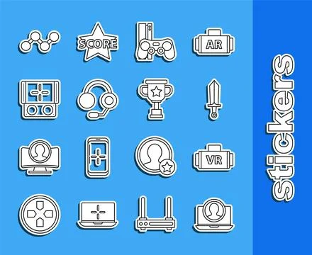Set line Create account screen, Virtual reality glasses, Sword for game, Ga.. Stock Illustration