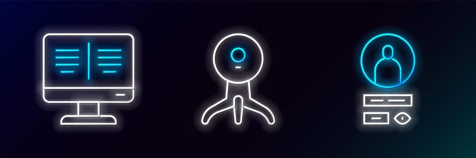 Set line Create account screen, Online book on monitor and Web camera icon... Stock Illustration