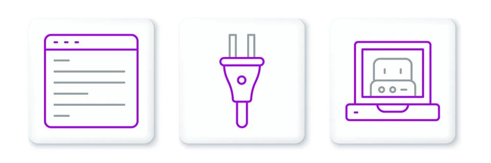 Set line Creating robot, Computer api interface and Electric plug icon. Vecto Stock Illustration