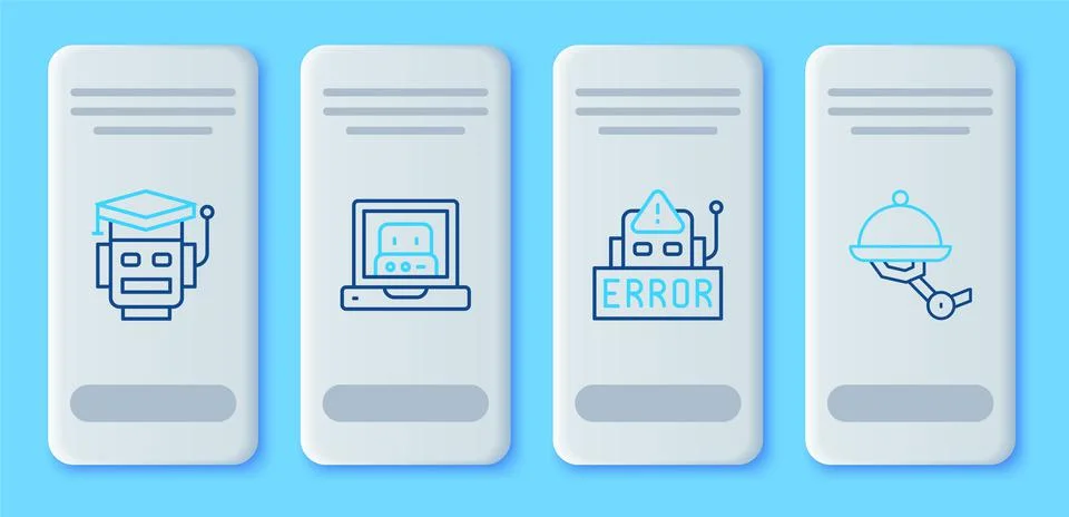 Set line Creating robot, Error, Robot and Waiter icon. Vector 스톡 일러스트