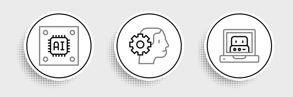 Set line Creating robot, Processor with microcircuits CPU and Humanoid icon Stock Illustration