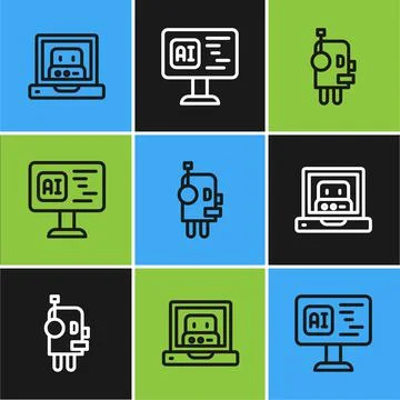 Set line Creating robot, Robot and Software icon. Vector 库存插图