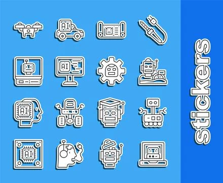 Set line Creating robot, Robot, humanoid driving car, blueprint, Software, Drone Ilustración de archivo