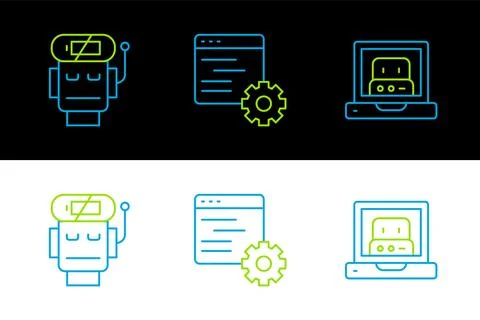 Set line Creating robot, Robot low battery charge and Computer api interface Stock Illustration