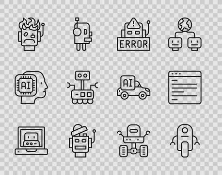Set line Creating robot, Robot, Error, burned out, Mars rover and Computer .. Stock Illustration