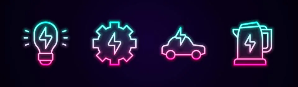 Set line Creative lamp light idea, Gear and lightning, Electric car and kettle Stock Illustration