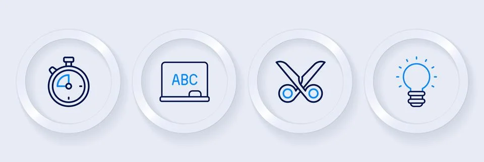 Set line Creative lamp light idea, Scissors, Chalkboard and Stopwatch icon... Stock Illustration