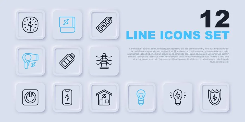 Set line Creative lamp light idea, Lightning and shield, Battery charge, Ha.. Stock Illustration