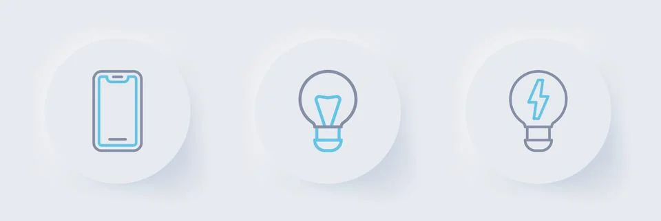 Set line Creative lamp light idea,  and Mobile phone icon. Vector Stock Illustration
