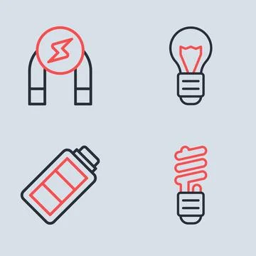 Set line Creative lamp light idea, Battery charge, LED bulb and Magnet icon.. Stock Illustration