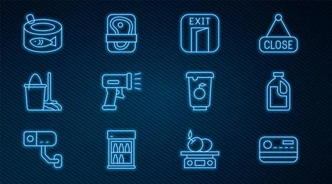 Set line Credit card, Bottle for cleaning agent, Fire exit, Scanner scanning bar Stock Illustration