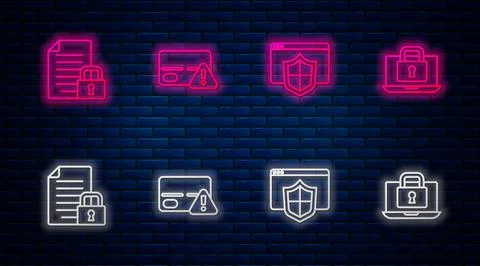 Set line Credit card, Browser with shield, Document and lock and Laptop. Glowing Stock Illustration