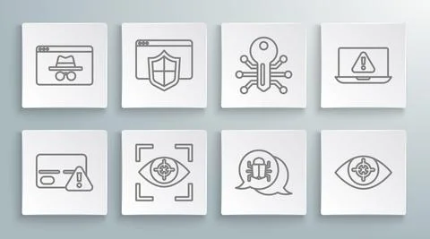 Set line Credit card, Browser with shield, Eye scan, System bug, Smart key Illustrazione stock