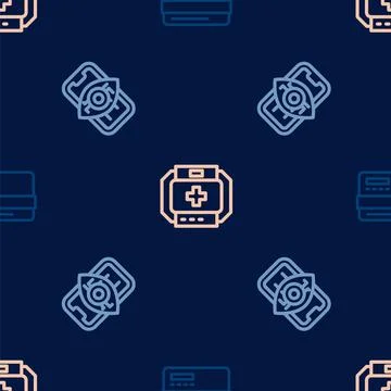 Set line Credit card, Computer vision and First aid kit on seamless pattern Stock Illustration