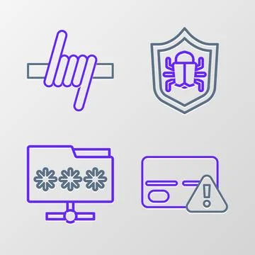 Set line Credit card, Folder with password, System bug and Barbed wire icon Illustrazione stock