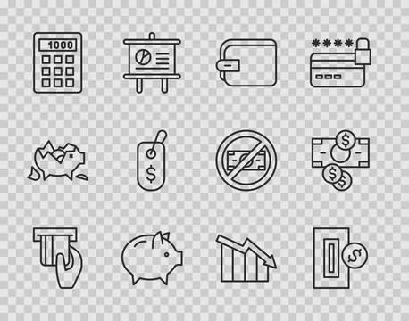 Set line Credit card inserted, Inserting coin, Wallet, Piggy bank, Calculat.. Stock Illustration