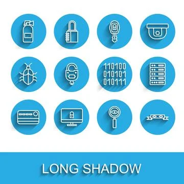 Set line Credit card, Lock on computer monitor, Fire extinguisher, Magnifyi.. 库存插图