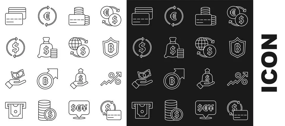 Set line Credit card, Percent up arrow, Shield with bitcoin, Money bag Stock Illustration