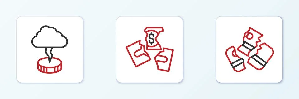 Set line Credit card, Storm and Tearing money banknote icon. Vector Stock Illustration