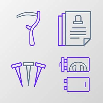Set line Crematorium, Metallic nails, Death certificate and Scythe icon. Vector Stock Illustration
