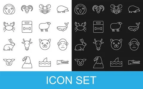 Set line Crocodile, Monkey, Whale, Rat head, Dog bone, Crab, Owl bird and Sheep Illustrazione stock