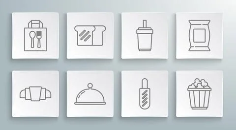 Set line Croissant, Bread toast, Covered with tray, Hotdog sandwich, Popcor.. Stock Illustration