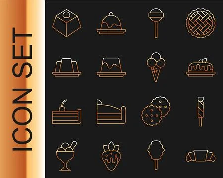 Set line Croissant, Candy, Cake, Lollipop, Pudding custard, Jelly cake, Brownie Stock Illustration