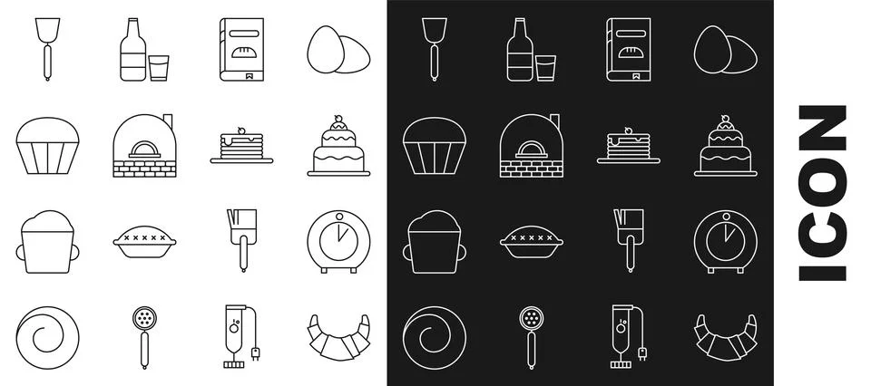 Set line Croissant, Kitchen timer, Cake, Cookbook, Brick stove, Muffin, Spatula Stock Illustration