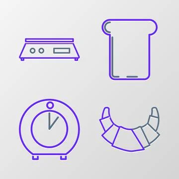 Set line Croissant, Kitchen timer, Bread toast and Electronic scales icon. .. イラスト素材