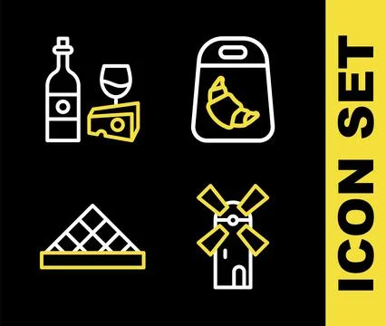 Set line Croissant package, Windmill, Louvre museum and Wine bottle with ch.. Illustrazione stock