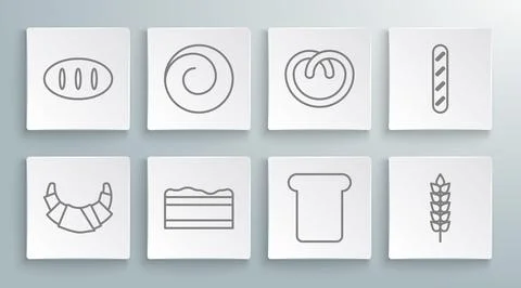 Set line Croissant, Roll bun with cinnamon, Brownie chocolate cake, Bread toast Stock Illustration
