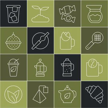 Set line Croissant, Tea time, strainer with handle, Candy, Cigarette, Ball tea Illustration